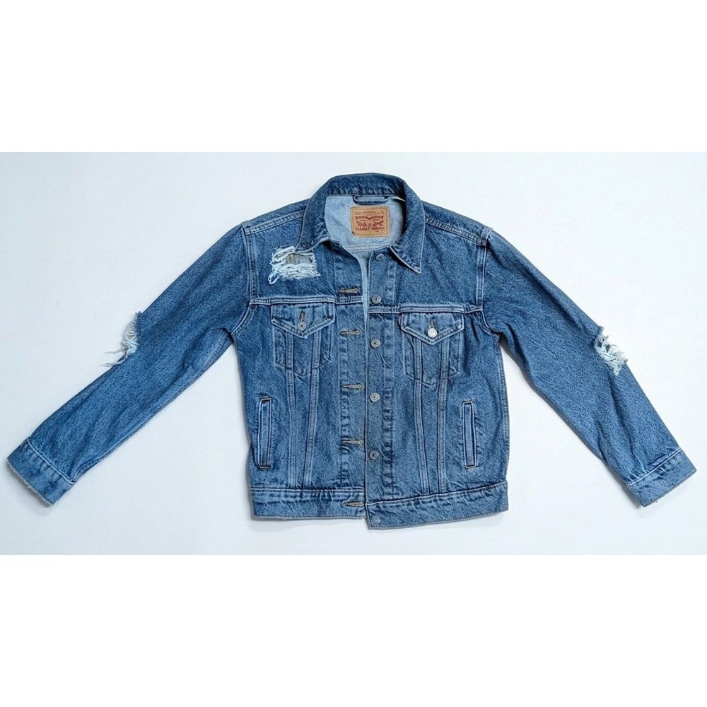Levi Strauss Distressed Denim Jacket with Sequined Evil Eye Design, Big Size XS